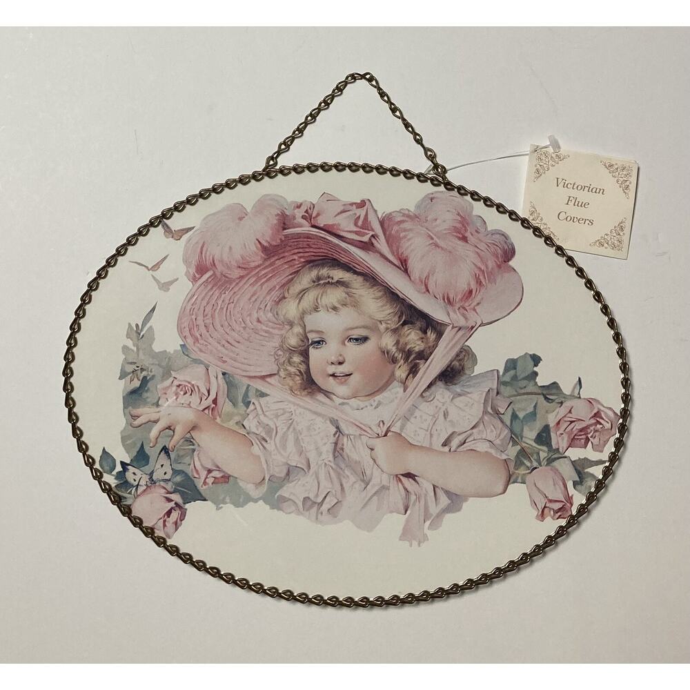 Vtg 1992 Victorian Chimney Flue Cover Girl w Bonnet Print Glass Wire Chain Frame